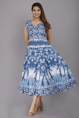 Namokar Enterprises Women Fit and Flare Dark Blue, White, Light Blue Midi/Calf Length Dress