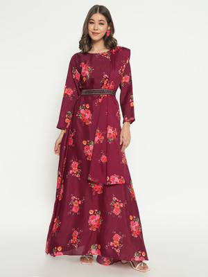 Jash Creation Women Fit and Flare Maroon Maxi/Full Length Dress