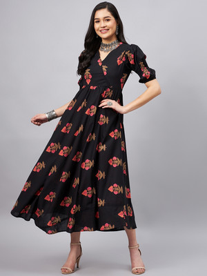 WineRed Women A-line Multicolor Midi/Calf Length Dress