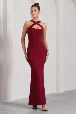 Traquila Women Bodycon Maroon Maxi/Full Length Dress