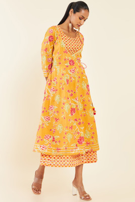 soch Women Fit and Flare Yellow, Pink, Beige Midi/Calf Length Dress