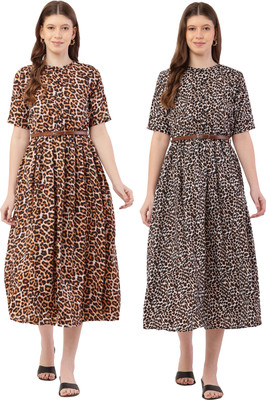 Mamnoon Women Fit and Flare Black, Beige Midi/Calf Length Dress