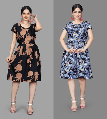 VARUDIFAB Women A-line Multicolor Below Knee Dress