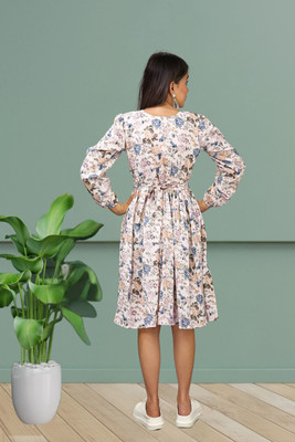 HOC's Women Fit and Flare White Knee Length Dress