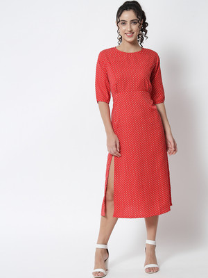 ANGOORI FASHION Women A-line Red Midi/Calf Length Dress