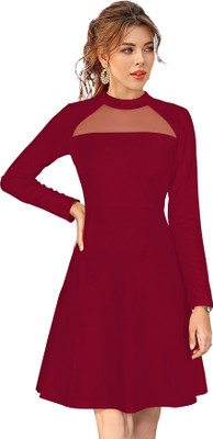 Dhruvil Impex Women Fit and Flare Maroon Above Knee/Mid Thigh Length Dress