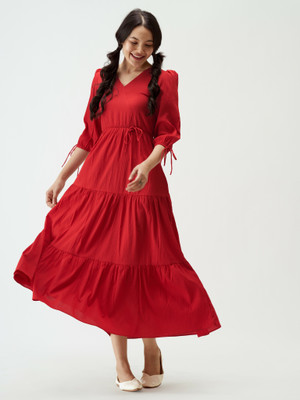 AASK Women Fit and Flare Red Ankle Length Dress