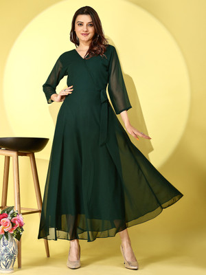 Fashion2wear Women Fit and Flare Green Maxi/Full Length Dress