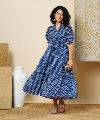 Globus Women Fit and Flare Blue Maxi/Full Length Dress