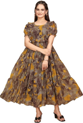 QUEUEE Women Fit and Flare Yellow Maxi/Full Length Dress
