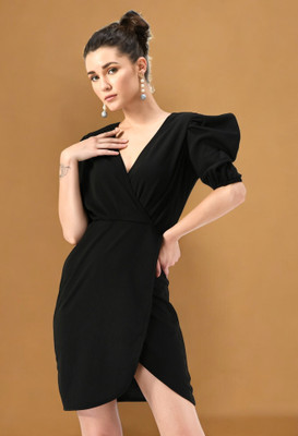 SAKSHI TRADER Women Wrap Black Above Knee/Mid Thigh Length Dress