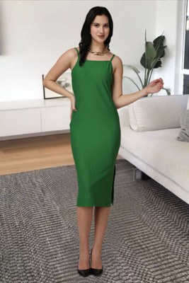 POPWINGS Women Bodycon Green Below Knee Dress