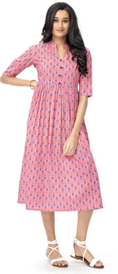 HouseOfCommon Women Fit and Flare Multicolor Below Knee Dress