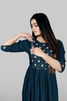 sheladiya Women Fit and Flare Yellow, Blue Midi/Calf Length Dress