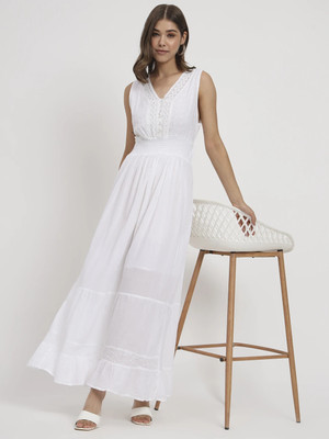 Veldress Women A-line White Maxi/Full Length Dress