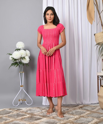 VYMO Women Fit and Flare Pink Midi/Calf Length Dress
