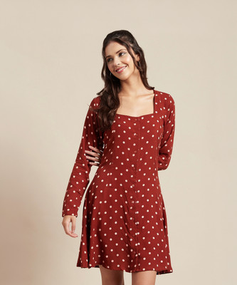 moomaya Women A-line Brown Above Knee/Mid Thigh Length Dress