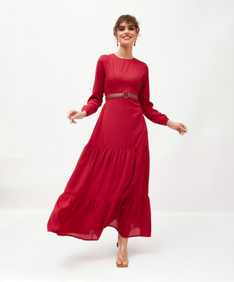 SASSAFRAS Women Tiered Maroon Maxi/Full Length Dress