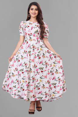 BENIXA TEXTILE Women Fit and Flare White Maxi/Full Length Dress