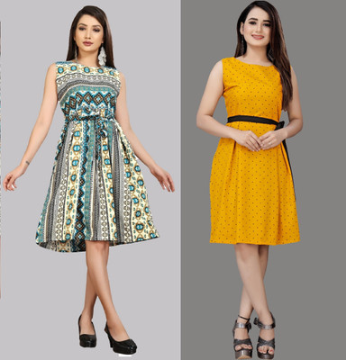 Hiral Creation Women Fit and Flare Yellow Knee Length Dress