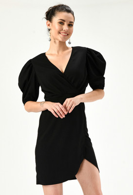 Moshe Women Wrap Black Above Knee/Mid Thigh Length Dress
