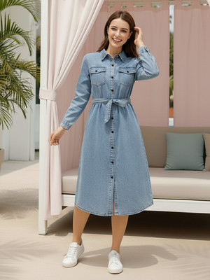 ADDYVERO Women A-line Light Blue Midi/Calf Length Dress