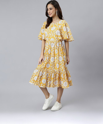 Janasya Women Fit and Flare Yellow Midi/Calf Length Dress