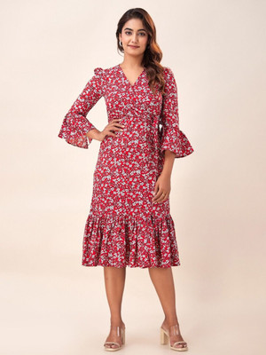 HERE&NOW Women A-line Red Midi/Calf Length Dress