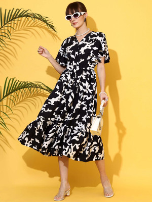 Sheetal Associates Women Fit and Flare Black, White Midi/Calf Length Dress