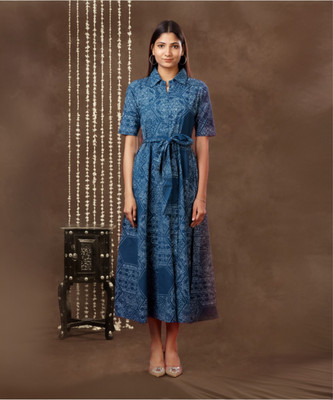 mokshi Women Fit and Flare Blue Midi/Calf Length Dress