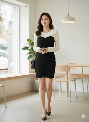 VivaLaVastaram Women Bodycon Black, Beige Above Knee/Mid Thigh Length Dress