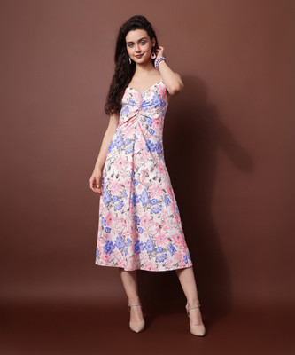 PURVAJA Women Fit and Flare Pink Below Knee Dress