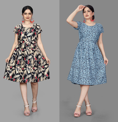 MAHADEV Women Fit and Flare Multicolor Knee Length Dress