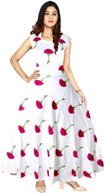 HouseOfCommon Women Fit and Flare White Maxi/Full Length Dress