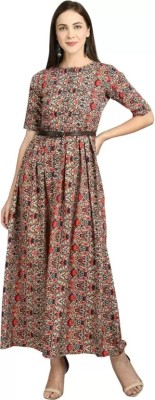 Mahadev Fashion Women Fit and Flare Beige, Red Dress