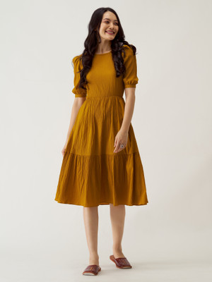 AASK Women A-line Yellow Knee Length Dress