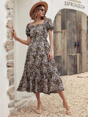 AA-HA! Women Fit and Flare Brown Midi/Calf Length Dress