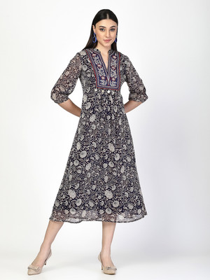 Cosmic Trio Women A-line Blue Midi/Calf Length Dress