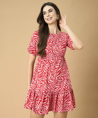 FashFun Women Fit and Flare Red Above Knee/Mid Thigh Length Dress