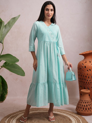 Vishudh Women Fit and Flare Light Blue Midi/Calf Length Dress