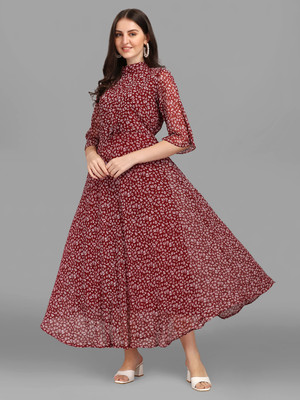 GUFRINA Women Maxi White, Maroon Midi/Calf Length Dress