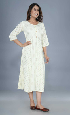 ASHISH PRINT Women A-line Beige Midi/Calf Length Dress