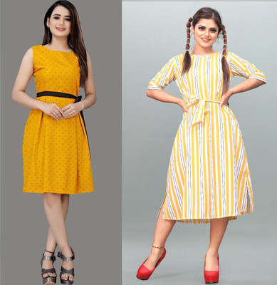 tanvi creation Women Fit and Flare Yellow Below Knee Dress