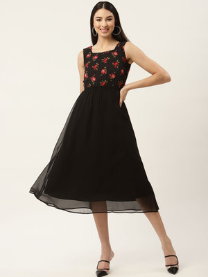 Moda Rapido Women Fit and Flare Black Midi/Calf Length Dress