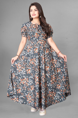 RIDDHI TEXTILES Women Fit and Flare Grey Maxi/Full Length Dress
