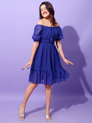 Attire Empire Women Fit and Flare Blue Above Knee/Mid Thigh Length Dress