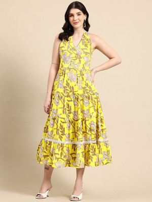 A&k Women A-line Yellow, Multicolor Midi/Calf Length Dress
