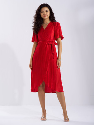 AASK Women Fit and Flare Red Below Knee Dress