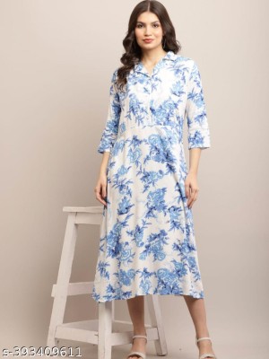 HRB Club Collection Women A-line White, Blue Dress