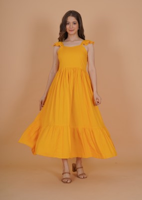 INDIANIC Women A-line Yellow Dress